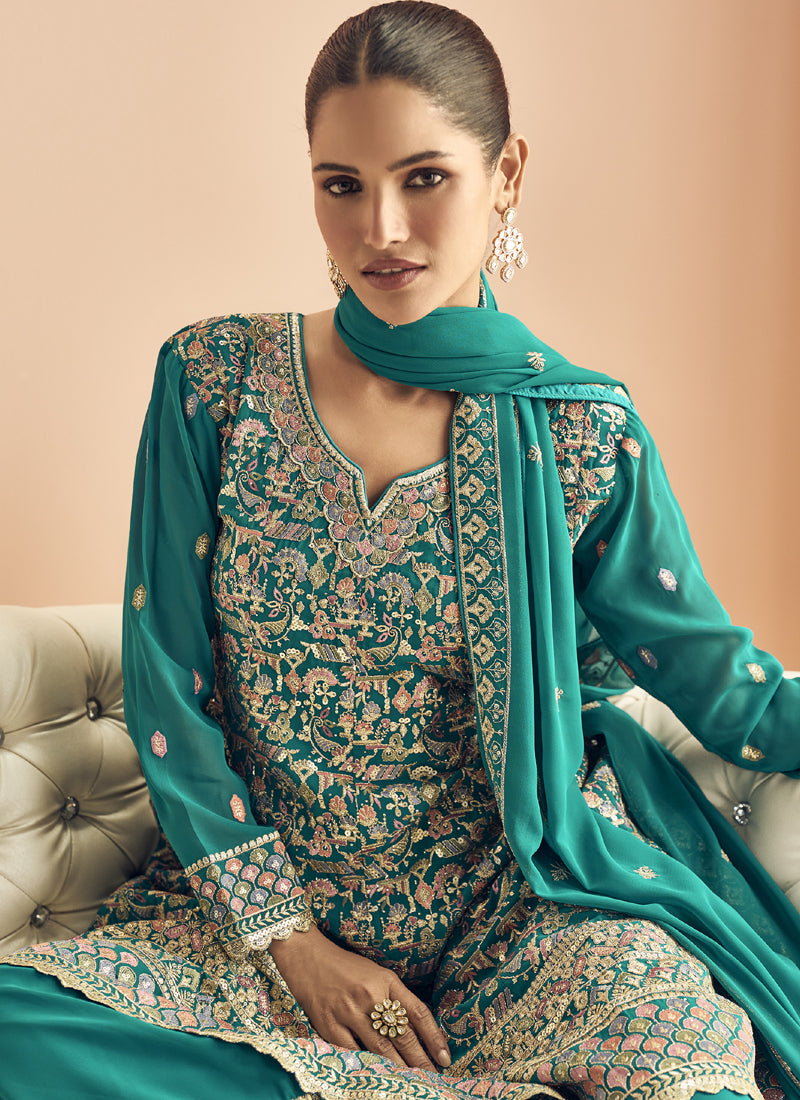 Vegaa Fashion Turquoise Georgette Embroidered Designer Palazzo Suit