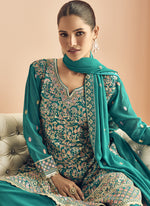 Thumbnail for Vegaa Fashion Turquoise Georgette Embroidered Designer Palazzo Suit