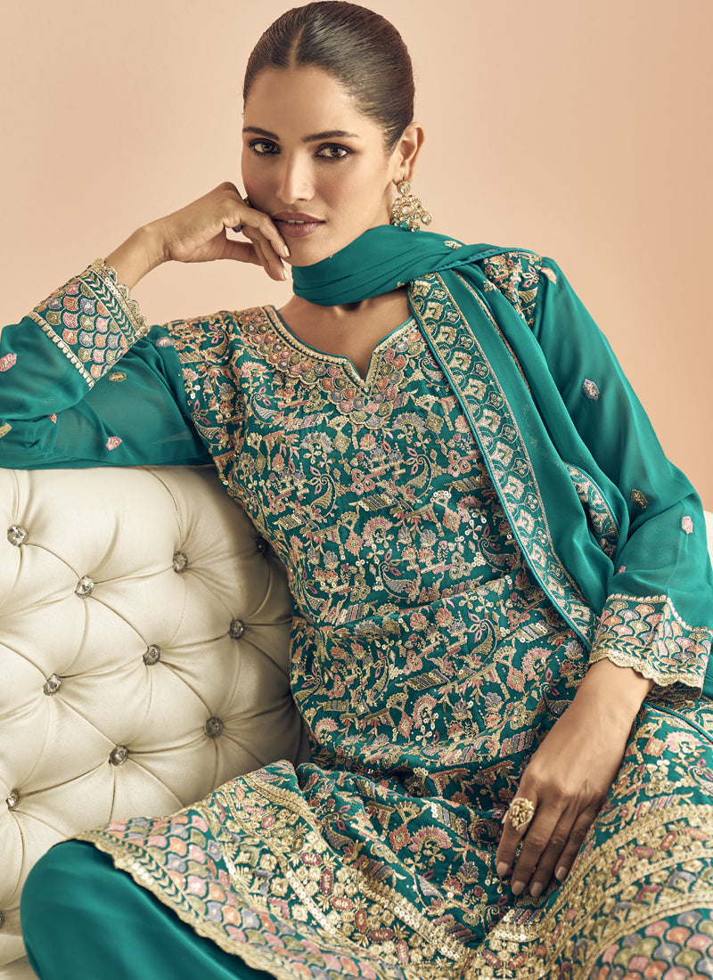 Vegaa Fashion Turquoise Georgette Embroidered Designer Palazzo Suit