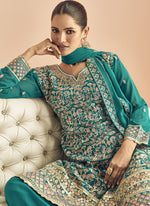 Thumbnail for Vegaa Fashion Turquoise Georgette Embroidered Designer Palazzo Suit