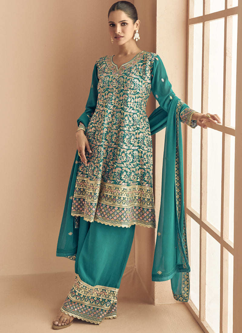 Vegaa Fashion Turquoise Georgette Embroidered Designer Palazzo Suit
