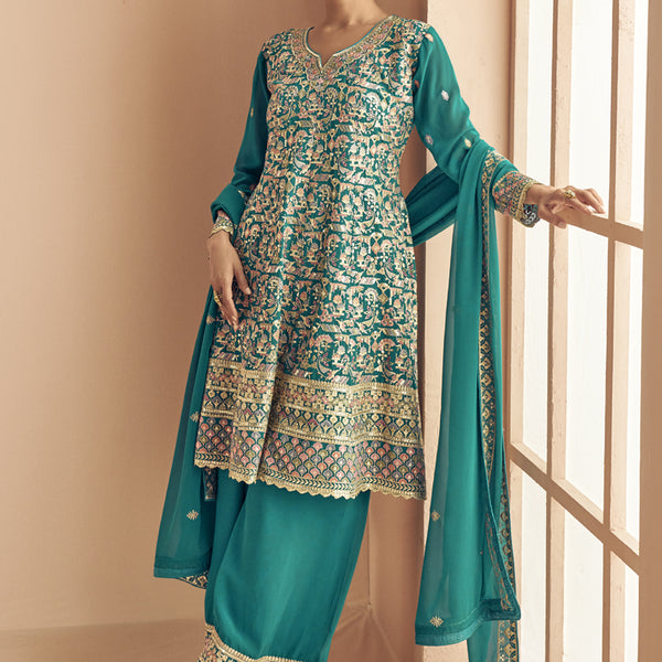 Vegaa Fashion Turquoise Georgette Embroidered Designer Palazzo Suit