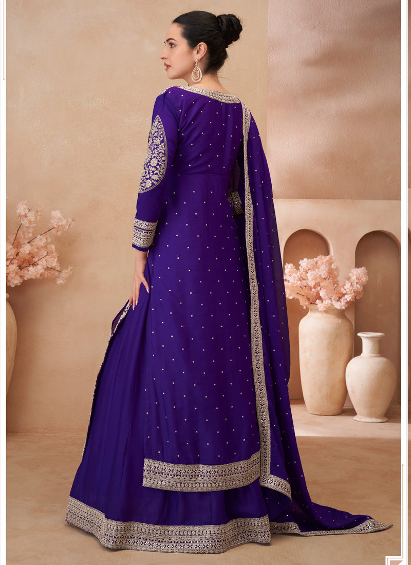 Vegaa Fashion Violet Real Chinon Silk Embroidered Lehenga Style Suit - Distacart