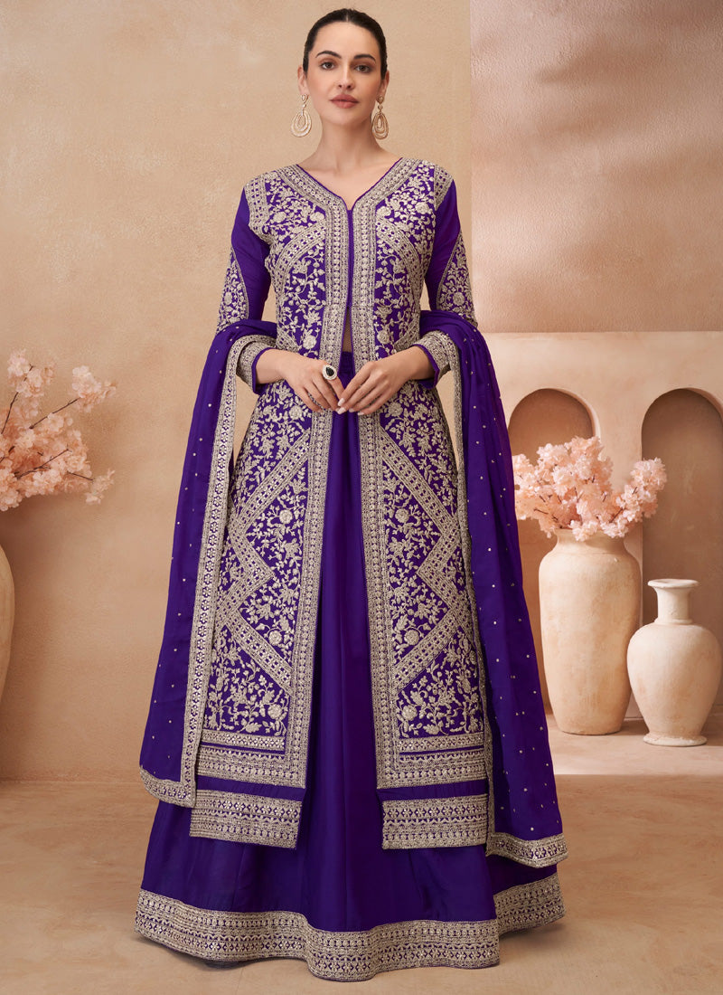 Vegaa Fashion Violet Real Chinon Silk Embroidered Lehenga Style Suit - Distacart