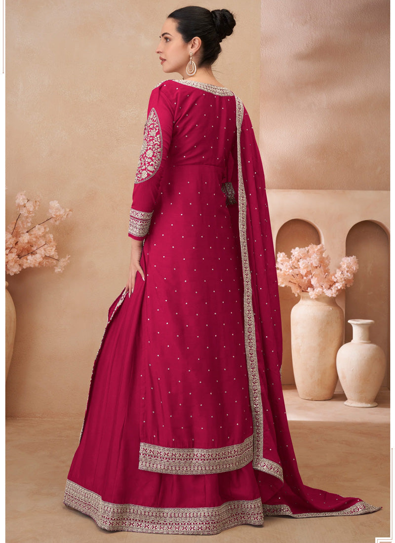 Vegaa Fashion Rani Pink Real Chinon Silk Embroidered Lehenga Style Suit - Distacart