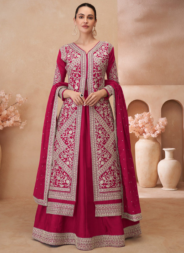 Vegaa Fashion Rani Pink Real Chinon Silk Embroidered Lehenga Style Suit