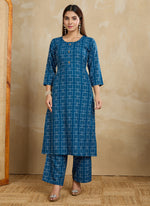 Thumbnail for Prazu Fashion Blue Printed Cotton Blend Kurta Pant Set - Distacart
