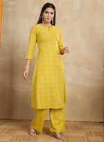 Thumbnail for Prazu Fashion Yellow Printed Cotton Blend Kurta Pant Set - Distacart
