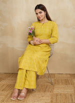 Thumbnail for Prazu Fashion Yellow Printed Cotton Blend Kurta Pant Set - Distacart