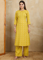Thumbnail for Prazu Fashion Yellow Printed Cotton Blend Kurta Pant Set - Distacart