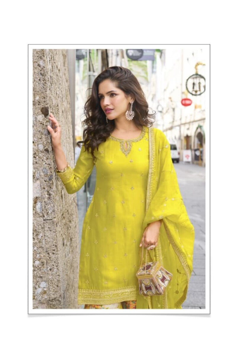 Aarshi Fashions Lemon Green Party Wear Full Stitched Silk Suit