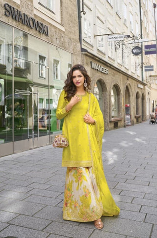 Aarshi Fashions Lemon Green Party Wear Full Stitched Silk Suit