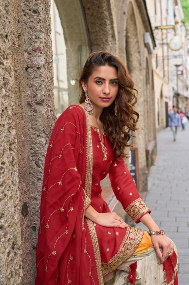Aarshi Fashions Red Party Wear Full Stitched Silk Suit