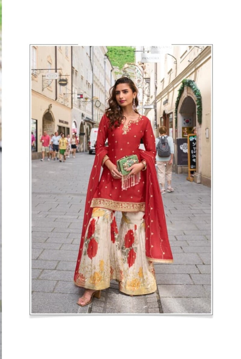 Aarshi Fashions Red Party Wear Full Stitched Silk Suit