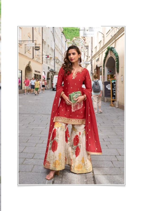 Aarshi Fashions Red Party Wear Full Stitched Silk Suit