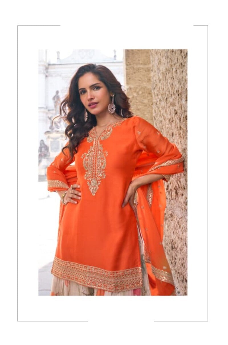 Aarshi Fashions Orange Party Wear Full Stitched Silk Suit