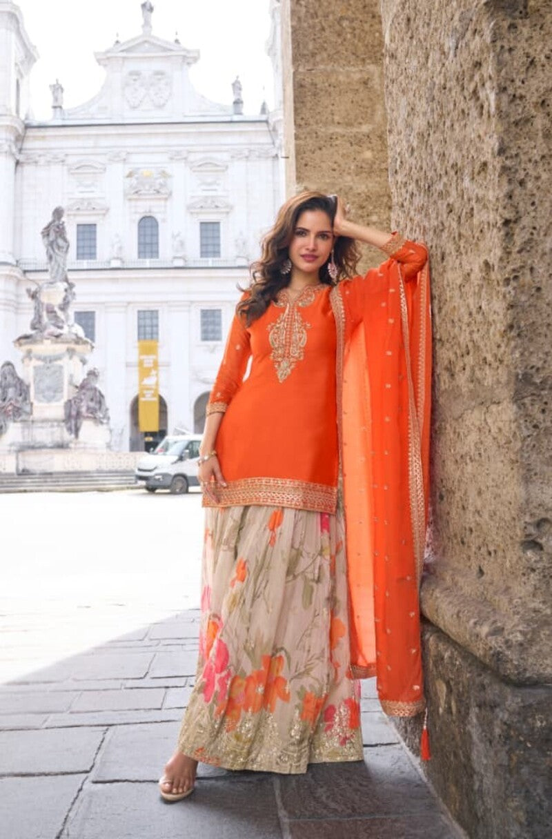 Aarshi Fashions Orange Party Wear Full Stitched Silk Suit