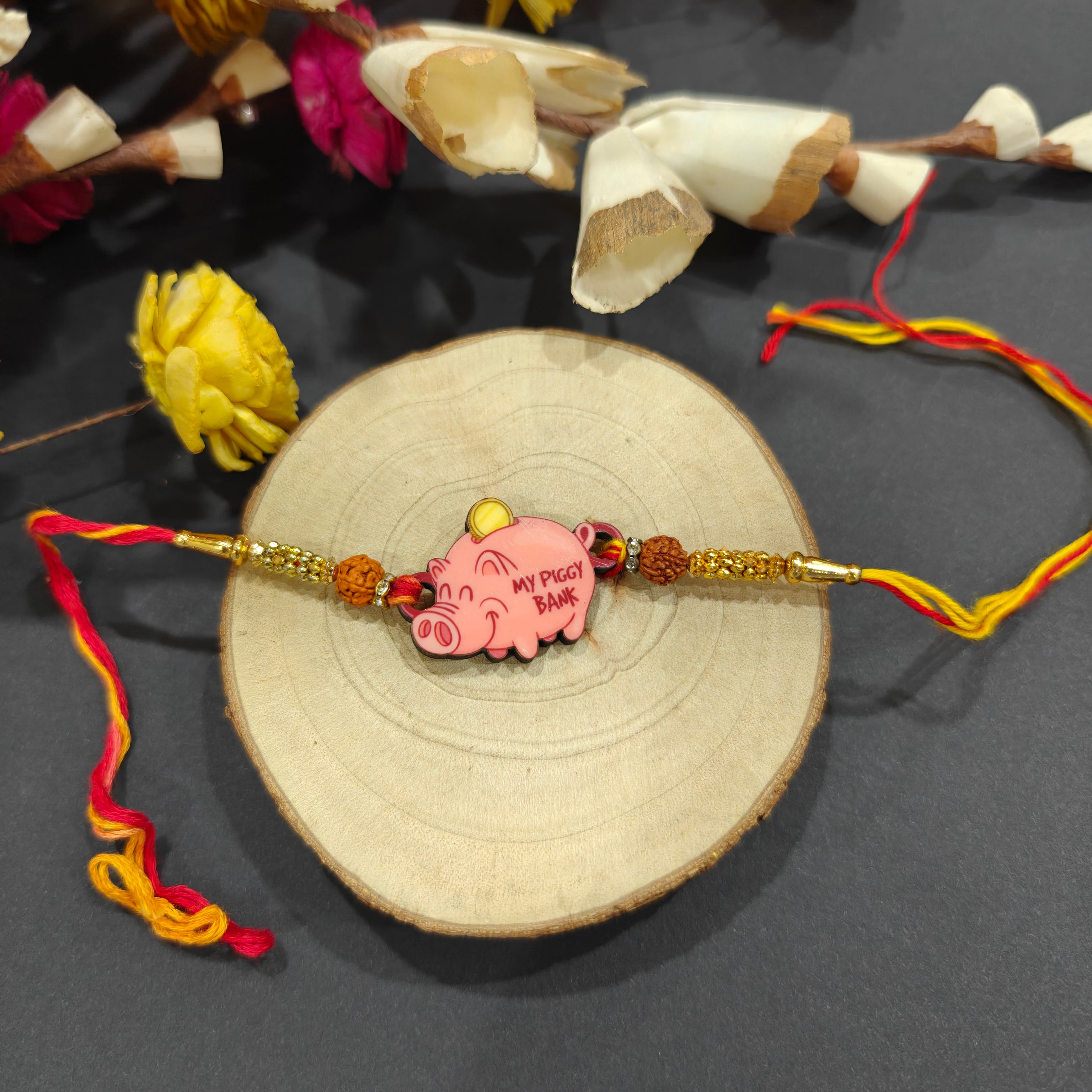 Indianvibez Piggy Bank Wooden Rakhi, Cute Rakhi for Brother - Kids Rakhi
