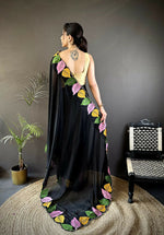 Thumbnail for Prime Volt Multicolor Leaf Embroidery Rangoli Silk Saree with Scalloped Border-Black - Dista