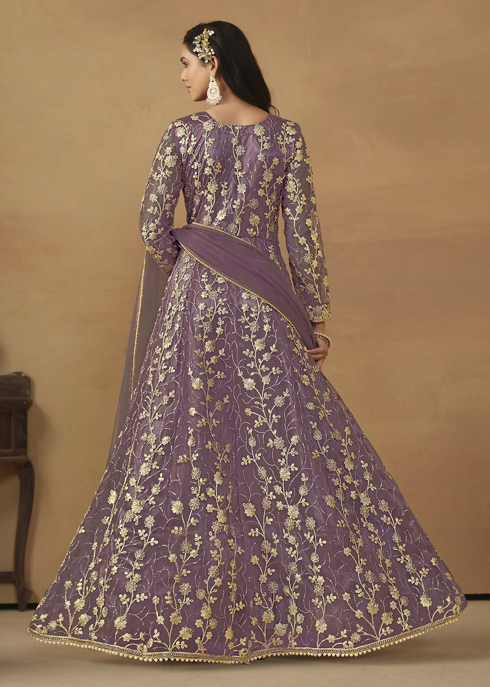 Pant Style Purple Embroidered Net Wedding Anarkali Suit - Emponline - Distacart