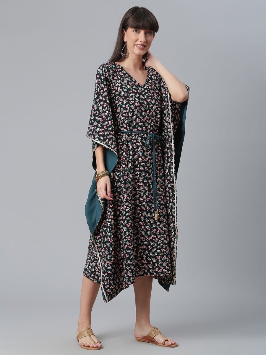 Ahalyaa Crepe Black Digital & Foil Floral Printed Kaftan