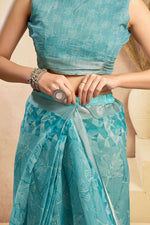 Thumbnail for Vastranavya Sky Blue Digital Printed Linen Ready To Wear Designer Saree with Unstitched Blouse - Distacart