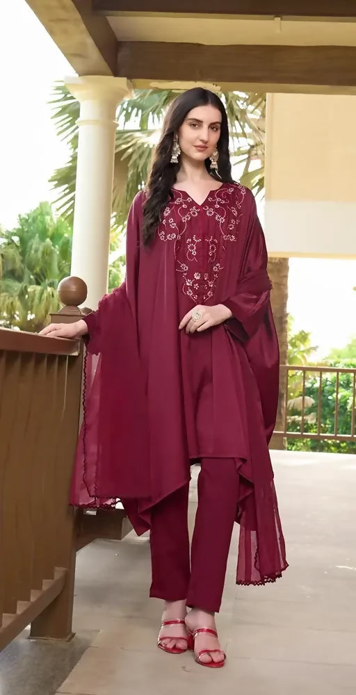 Nikhaar Maroon Embroidered Satin Asymmetrical Readymade Pakistani Suit