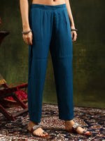 Thumbnail for Hem & Yoke Embroidered Kurta With Pant & Lace Taping Net Dupatta, Blue - Hiral Fashion - Distacart