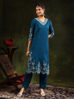 Thumbnail for Hem & Yoke Embroidered Kurta With Pant & Lace Taping Net Dupatta, Blue - Hiral Fashion - Distacart
