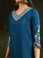 Thumbnail for Hem & Yoke Embroidered Kurta With Pant & Lace Taping Net Dupatta, Blue - Hiral Fashion - Distacart