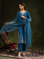 Thumbnail for Hem & Yoke Embroidered Kurta With Pant & Lace Taping Net Dupatta, Blue - Hiral Fashion - Distacart
