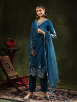 Thumbnail for Hem & Yoke Embroidered Kurta With Pant & Lace Taping Net Dupatta, Blue - Hiral Fashion - Distacart