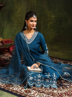 Thumbnail for Hem & Yoke Embroidered Kurta With Pant & Lace Taping Net Dupatta, Blue - Hiral Fashion - Distacart