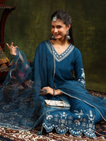 Thumbnail for Hem & Yoke Embroidered Kurta With Pant & Lace Taping Net Dupatta, Blue - Hiral Fashion - Distacart