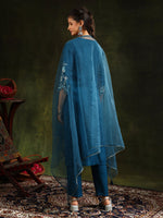 Thumbnail for Hem & Yoke Embroidered Kurta With Pant & Lace Taping Net Dupatta, Blue - Hiral Fashion - Distacart