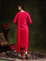 Thumbnail for Mirror Embroidered Kurta With Pant & Sequined Embroidered Dupatta, Rani - Hiral Fashion - Distacart