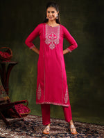 Thumbnail for Mirror Embroidered Kurta With Pant & Sequined Embroidered Dupatta, Rani - Hiral Fashion - Distacart
