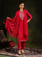 Thumbnail for Mirror Embroidered Kurta With Pant & Sequined Embroidered Dupatta, Rani - Hiral Fashion - Distacart