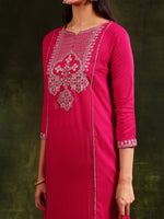 Thumbnail for Mirror Embroidered Kurta With Pant & Sequined Embroidered Dupatta, Rani - Hiral Fashion - Distacart