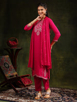 Thumbnail for Mirror Embroidered Kurta With Pant & Sequined Embroidered Dupatta, Rani - Hiral Fashion - Distacart