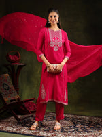 Thumbnail for Mirror Embroidered Kurta With Pant & Sequined Embroidered Dupatta, Rani - Hiral Fashion - Distacart