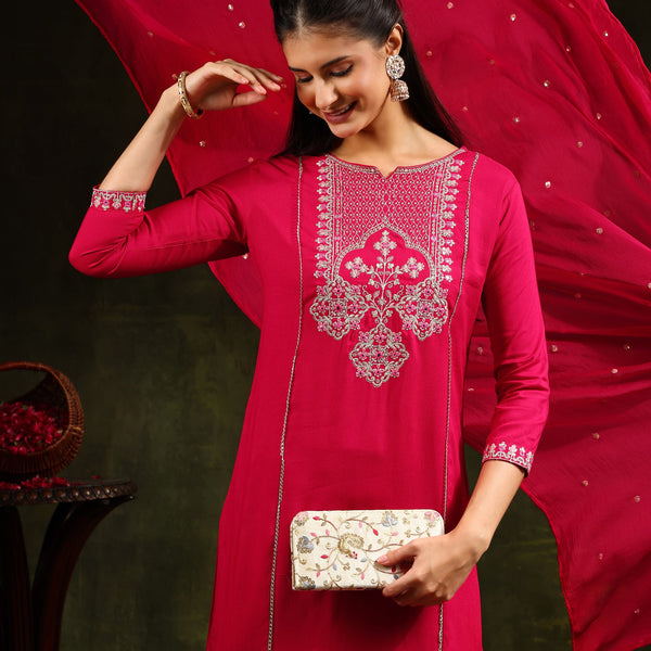 Mirror Embroidered Kurta With Pant & Sequined Embroidered Dupatta, Rani - Hiral Fashion - Distacart