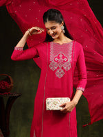 Thumbnail for Mirror Embroidered Kurta With Pant & Sequined Embroidered Dupatta, Rani - Hiral Fashion - Distacart