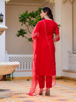 Thumbnail for Sequined & Zari Embroidered Kurta With Pant & Net Dupatta, Red - Hiral Fashion - Distacart