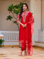 Thumbnail for Sequined & Zari Embroidered Kurta With Pant & Net Dupatta, Red - Hiral Fashion - Distacart