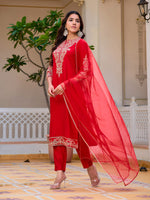 Thumbnail for Sequined & Zari Embroidered Kurta With Pant & Net Dupatta, Red - Hiral Fashion - Distacart