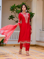 Thumbnail for Sequined & Zari Embroidered Kurta With Pant & Net Dupatta, Red - Hiral Fashion - Distacart