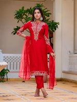 Thumbnail for Sequined & Zari Embroidered Kurta With Pant & Net Dupatta, Red - Hiral Fashion - Distacart