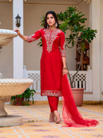 Thumbnail for Sequined & Zari Embroidered Kurta With Pant & Net Dupatta, Red - Hiral Fashion - Distacart