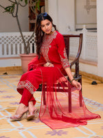 Thumbnail for Sequined & Zari Embroidered Kurta With Pant & Net Dupatta, Red - Hiral Fashion - Distacart